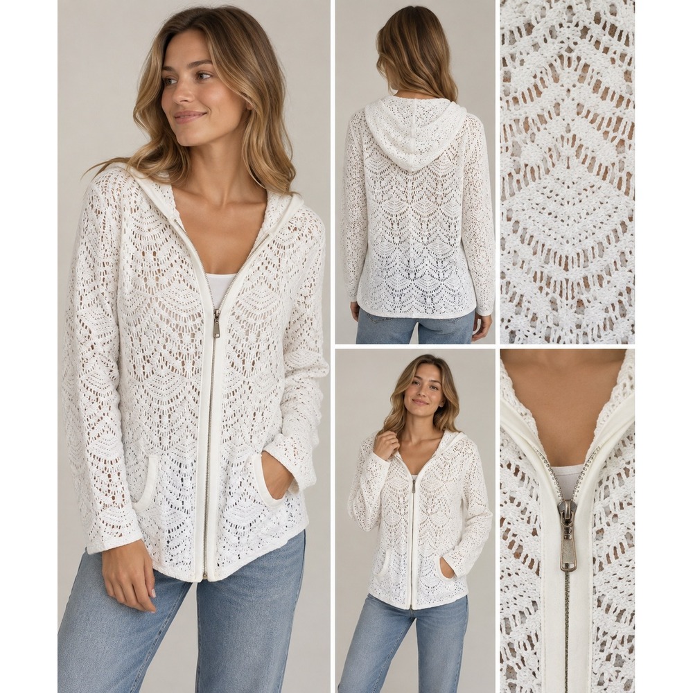 Norm Thompson Crochet Hoodie Women L Boho Coastal Grandmother White Zip Cardigan